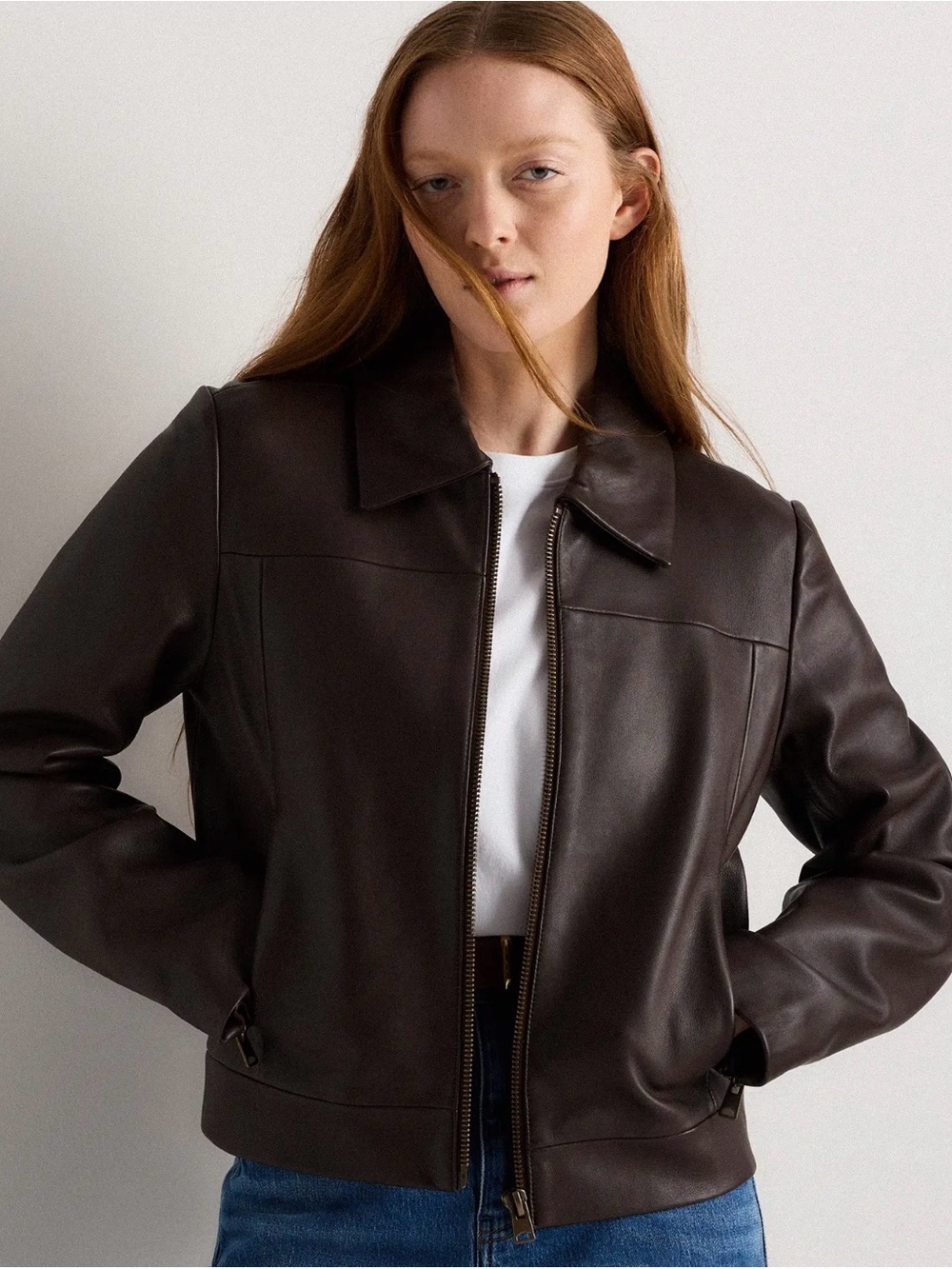 Quince 100% Leather Cropped Zip Front Jacket in Dark Brown Size Medium 939